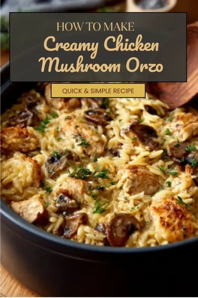 Creamy Chicken Mushroom Orzo dish garnished with herbs on a plate.