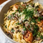 Creamy mushroom and chicken orzo dish served in a bowl
