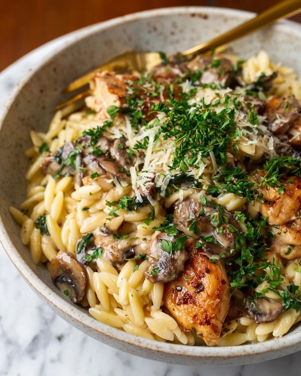 Creamy mushroom and chicken orzo dish served in a bowl