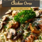 Creamy mushroom and chicken orzo dish served in a white bowl with parsley garnish.