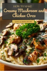 Creamy mushroom and chicken orzo dish served in a white bowl with parsley garnish.