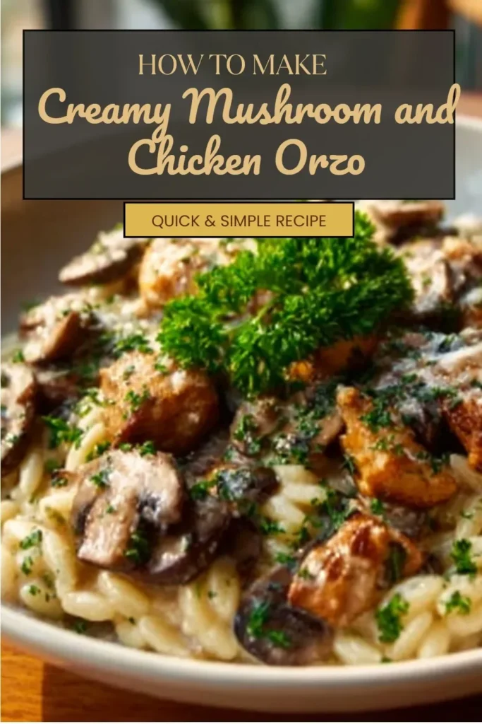 Creamy mushroom and chicken orzo dish served in a white bowl with parsley garnish.