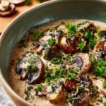 A bowl of rich creamy mushroom soup garnished with fresh herbs