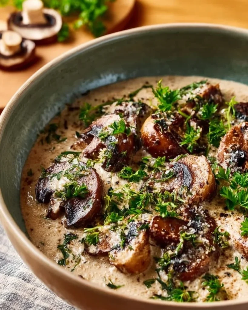 A bowl of rich creamy mushroom soup garnished with fresh herbs