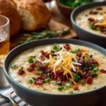 Bowl of creamy potato soup garnished with fresh herbs