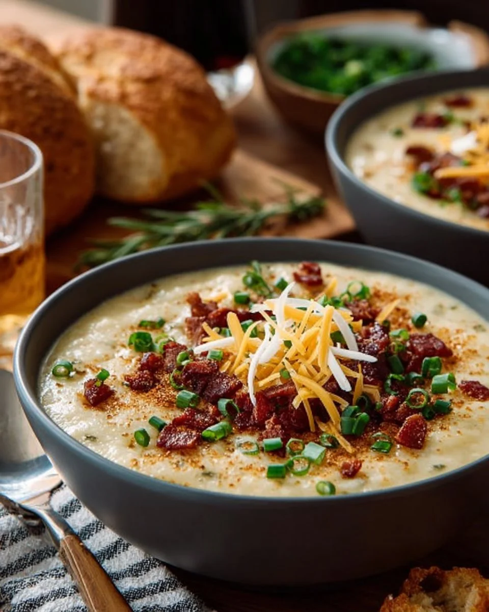 Bowl of creamy potato soup garnished with fresh herbs