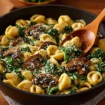 Creamy spinach mushroom tortellini served in a bowl with fresh herbs.