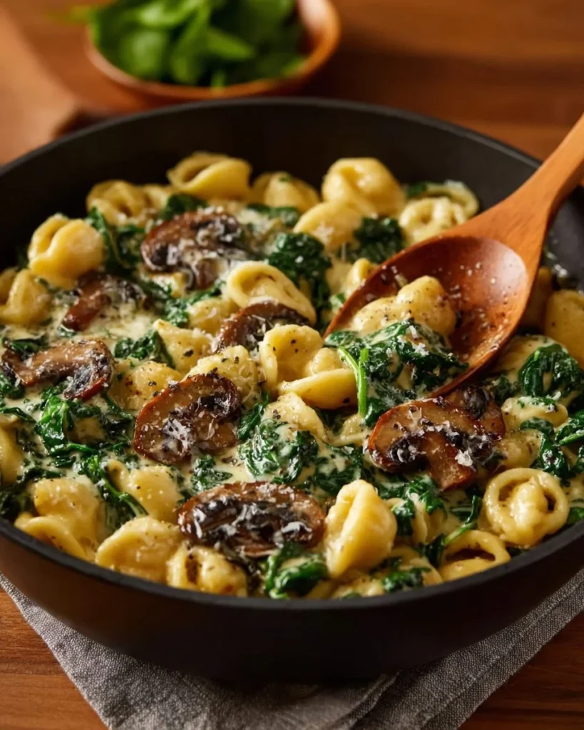 Creamy spinach mushroom tortellini served in a bowl with fresh herbs.
