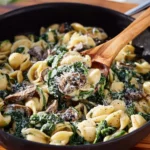 Creamy spinach mushroom tortellini served in a bowl