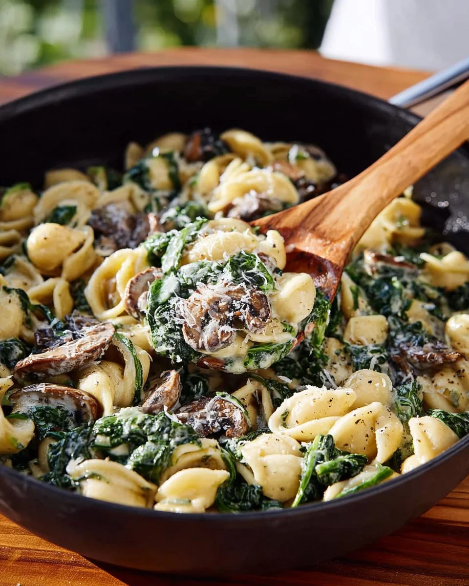 Creamy spinach mushroom tortellini served in a bowl