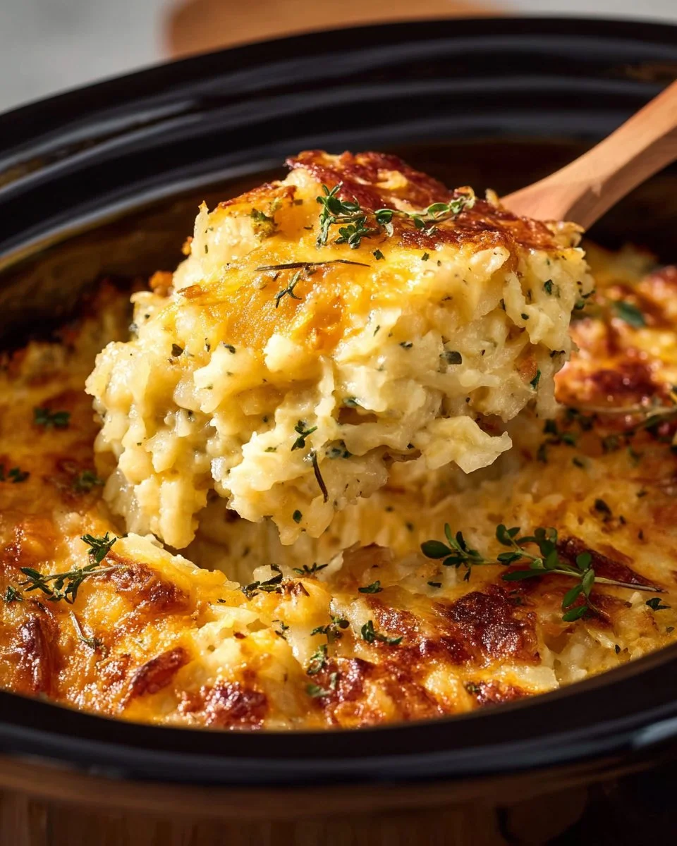 Crock Pot hash brown casserole served in a bowl