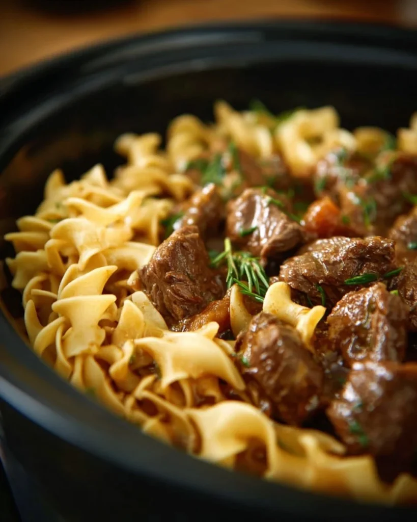 Delicious Crockpot Beef Stroganoff served with creamy sauce over noodles