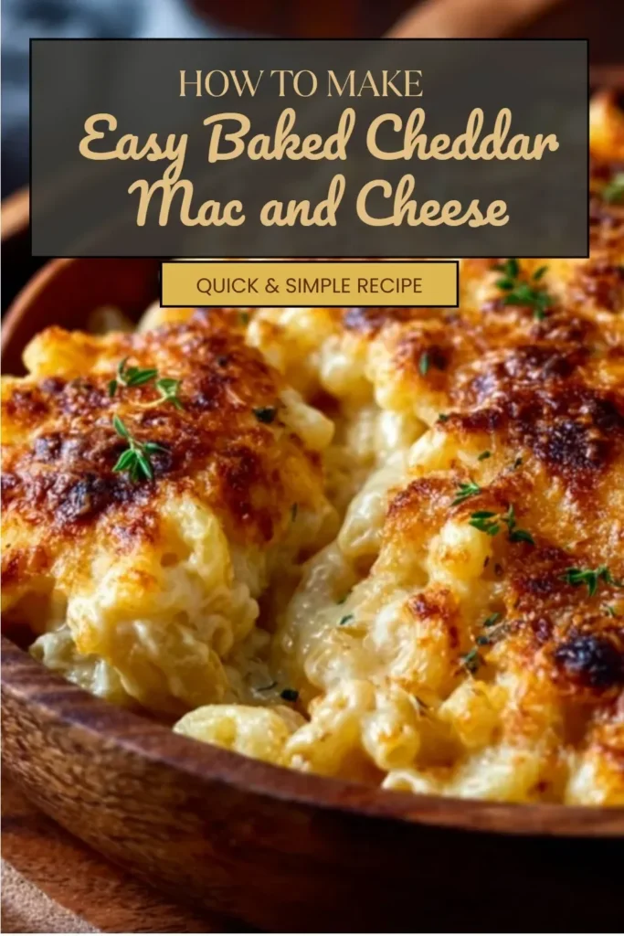 Deliciously creamy baked cheddar mac and cheese topped with a golden crust.