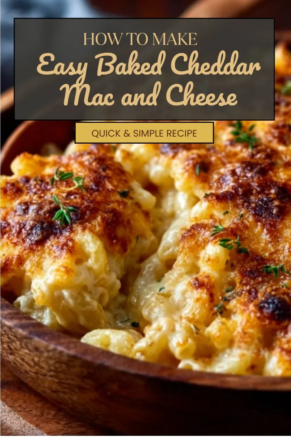 Deliciously creamy baked cheddar mac and cheese topped with a golden crust.