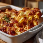 Delicious easy baked ziti served in a dish with melted cheese and fresh herbs