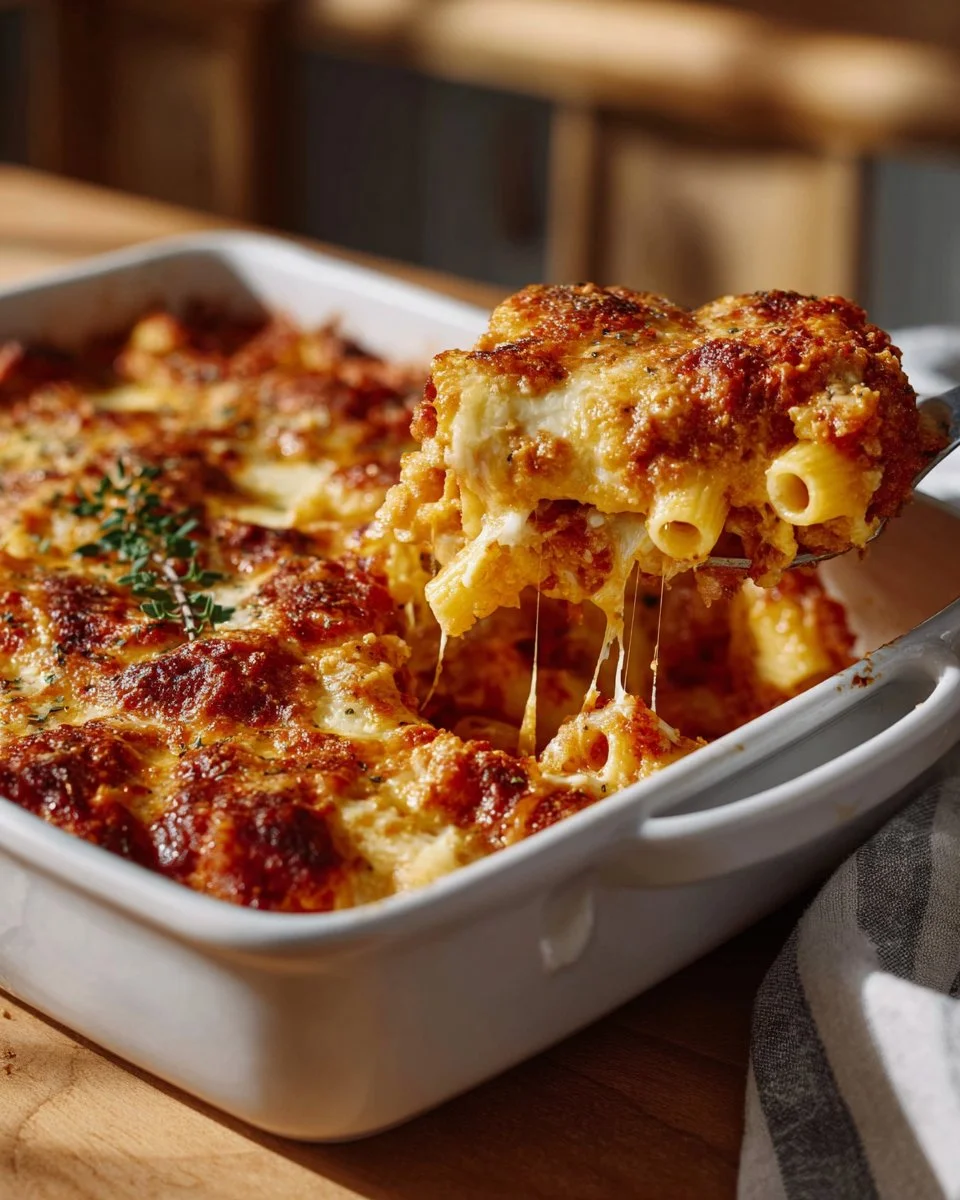 Delicious easy baked ziti served in a dish with melted cheese and fresh herbs