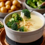 Delicious cheese fondue served in a pot with bread and vegetables for dipping.