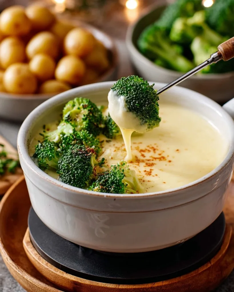 Delicious cheese fondue served in a pot with bread and vegetables for dipping.