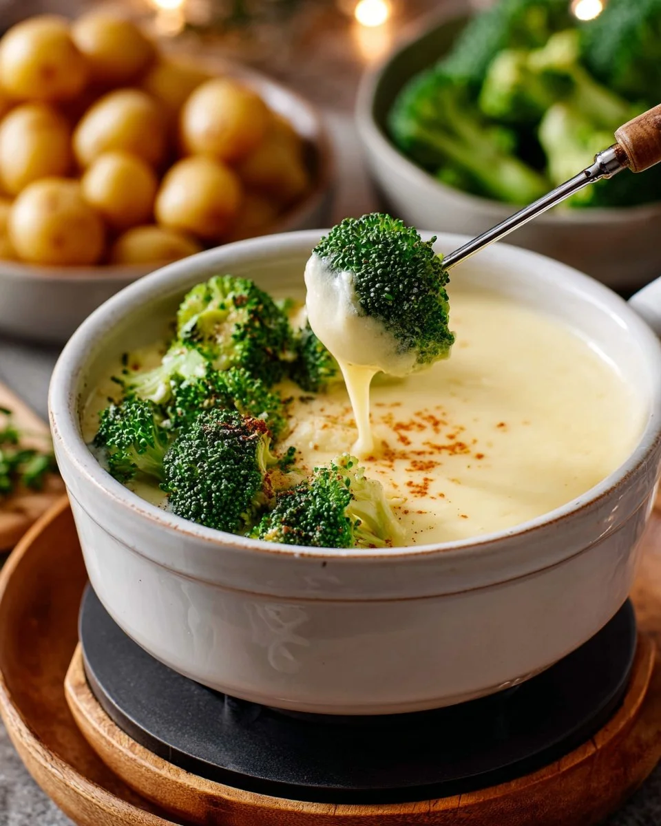 Delicious cheese fondue served in a pot with bread and vegetables for dipping.