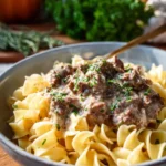 A delicious bowl of easy Ground Beef Stroganoff with noodles and creamy sauce
