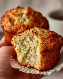 Freshly baked easy lemon poppy seed muffins on a wooden table