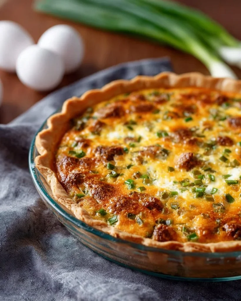 Delicious loaded baked potato quiche topped with cheese and green onions