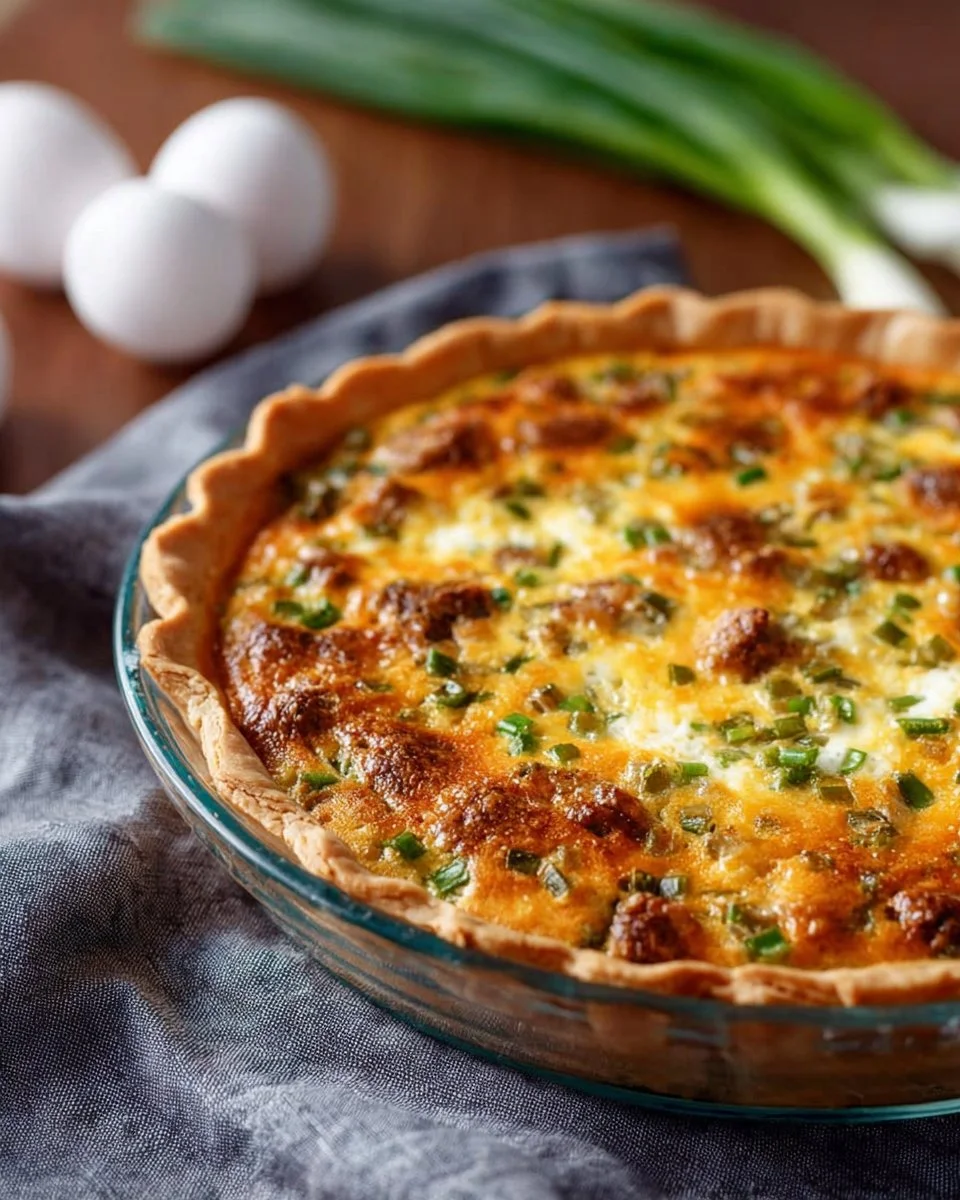 Delicious loaded baked potato quiche topped with cheese and green onions