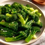 Plate of easy sautéed broccoli garnished with garlic and lemon