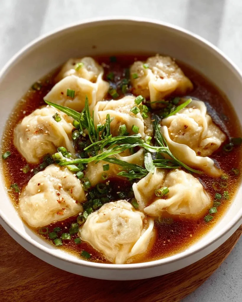 Bowl of easy homemade wonton soup with fresh ingredients