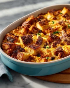 Delicious and fluffy egg strata baked with fresh vegetables and cheese