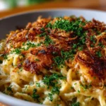 Delicious French Onion Chicken Orzo Casserole topped with melted cheese and herbs.