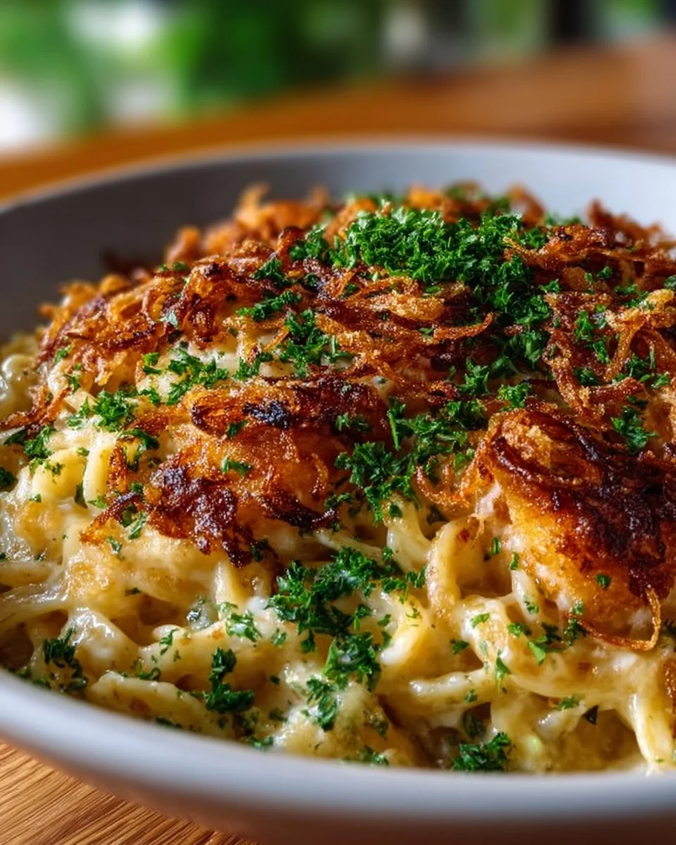 Delicious French Onion Chicken Orzo Casserole topped with melted cheese and herbs.