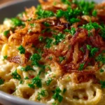 French onion chicken orzo casserole topped with cheese