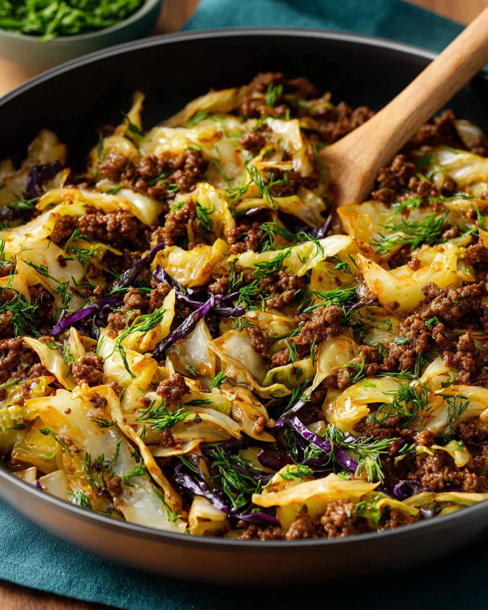 A plate of ground beef and cabbage stir-fry garnished with herbs.