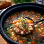 Delicious bowl of ham and bean soup garnished with herbs