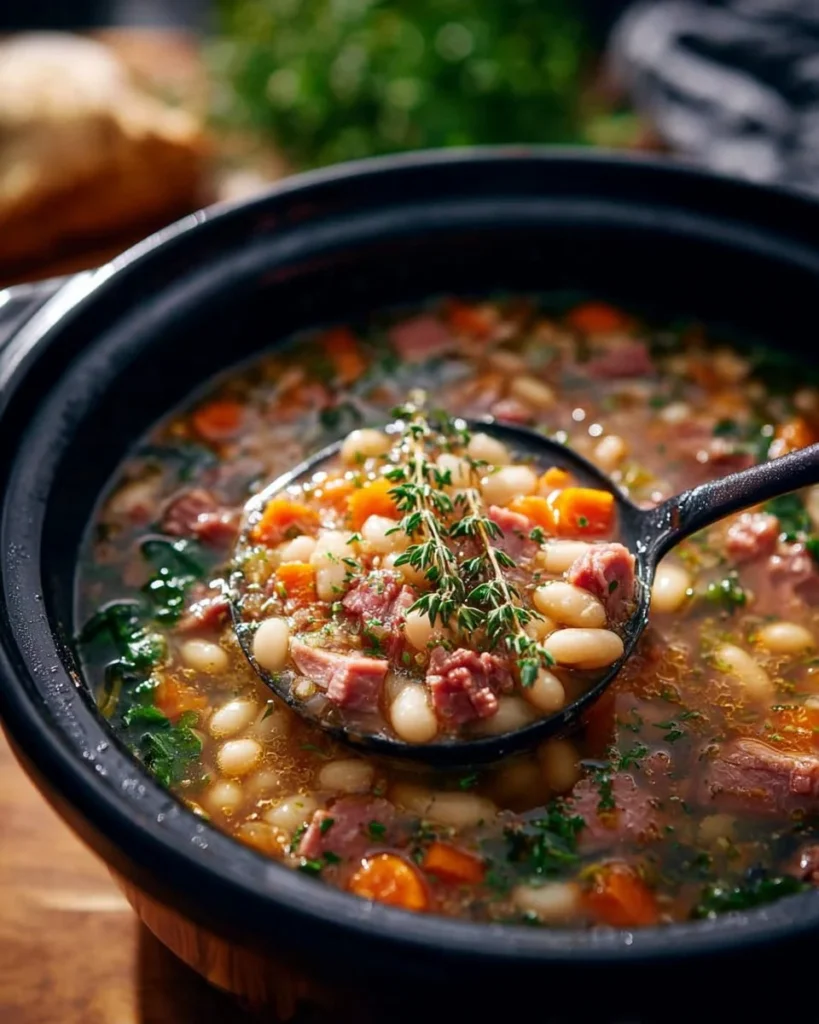 Delicious bowl of ham and bean soup garnished with herbs