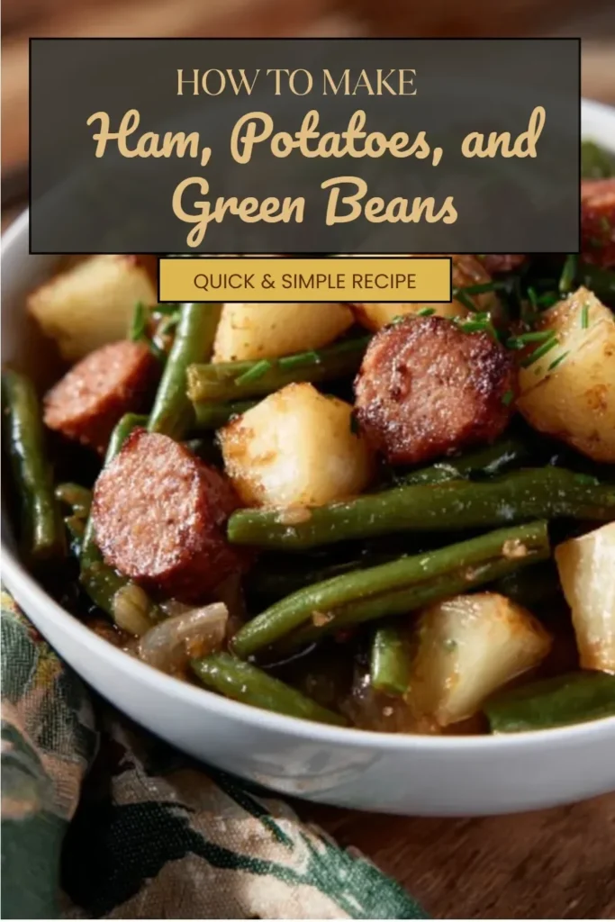 Delicious ham served with potatoes and green beans, a comforting meal