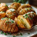 Golden brown Hasselback Potatoes baked to perfection, garnished with herbs.