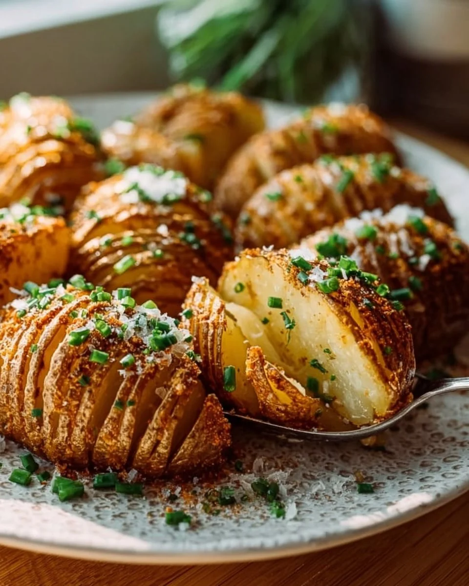 Golden brown Hasselback Potatoes baked to perfection, garnished with herbs.