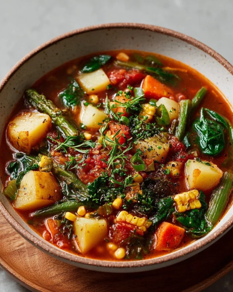 Bowl of hearty vegetable soup with fresh vegetables and herbs