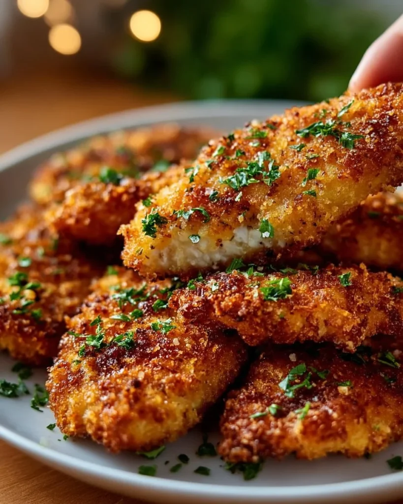 Golden-brown homemade baked chicken tenders served with dipping sauce.