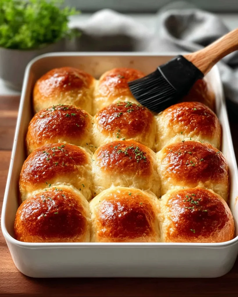 Freshly baked homemade dinner rolls on a wooden table