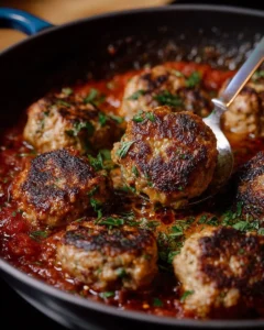 Homemade Italian meatballs cooked in marinara sauce, served with pasta.