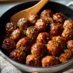 Homestyle BBQ meatballs served on a platter with barbecue sauce.