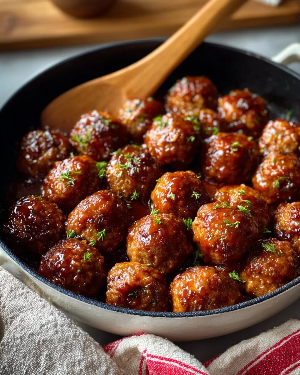 Homestyle BBQ meatballs served on a platter with barbecue sauce.