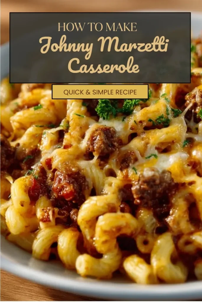 Delicious Johnny Marzetti Casserole served in a bowl with garnishes.