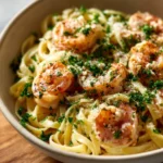 Lemon Garlic Shrimp Pasta served in a bowl with herbs and lemon slices