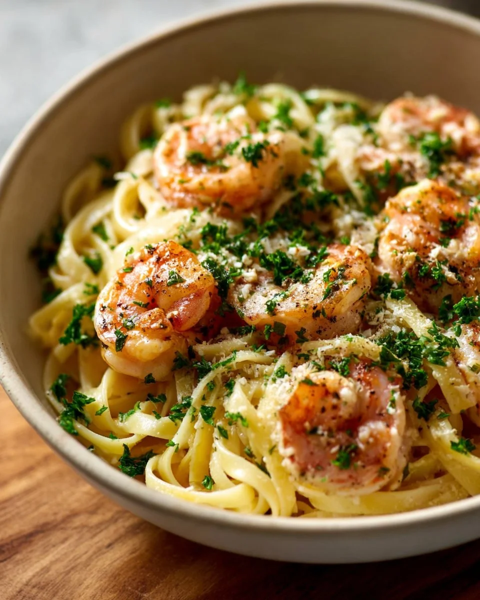 Lemon Garlic Shrimp Pasta served in a bowl with herbs and lemon slices