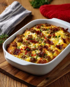 Loaded Breakfast Casserole with eggs, cheese, and vegetables baked to perfection.