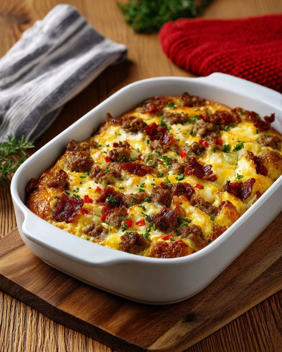 Loaded Breakfast Casserole with eggs, cheese, and vegetables baked to perfection.